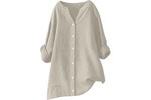 Linen Shirt Women Fashion Summer Boho Button Down V Neck Shirts Long Sleeve Blouses Plus Size Beach Vacation Tops