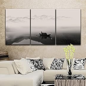 3 Panel Canvas Wall Art - Fisherman in The Boat on The Misty River - Giclee Print Gallery Wrap Modern Home Art Ready to Hang - 16"x24" x 3 Panels