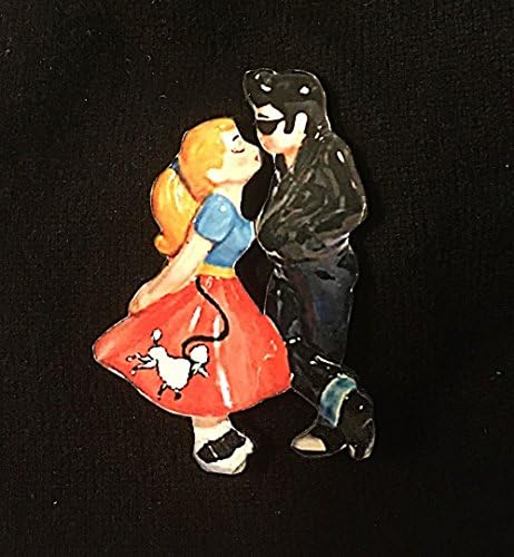 1950s Couple Pin, Handcrafted Wood, Jewelry Brooch, Mid-Century Modern, Poodle Skirt, Girlfriend Gift, 1950s TV, Black Leather Jacket,