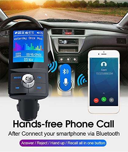 Bluetooth FM Transmitter for Car - 1.8 Inch Color Screen Radio Transmitter with Hands free Calling Music Player Support TF Card USB Flash Drive AUX Input/Out