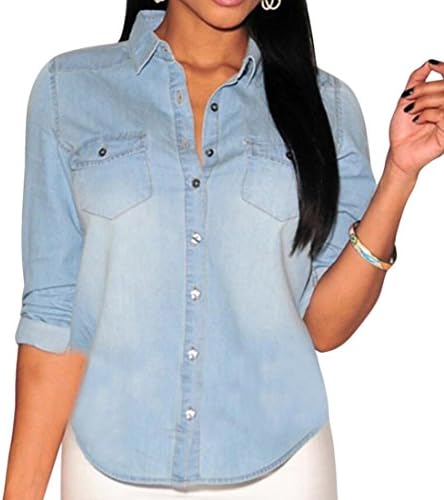 M2MO Women Casual Cotton Long Sleeve Denim Shirt Light blue US L