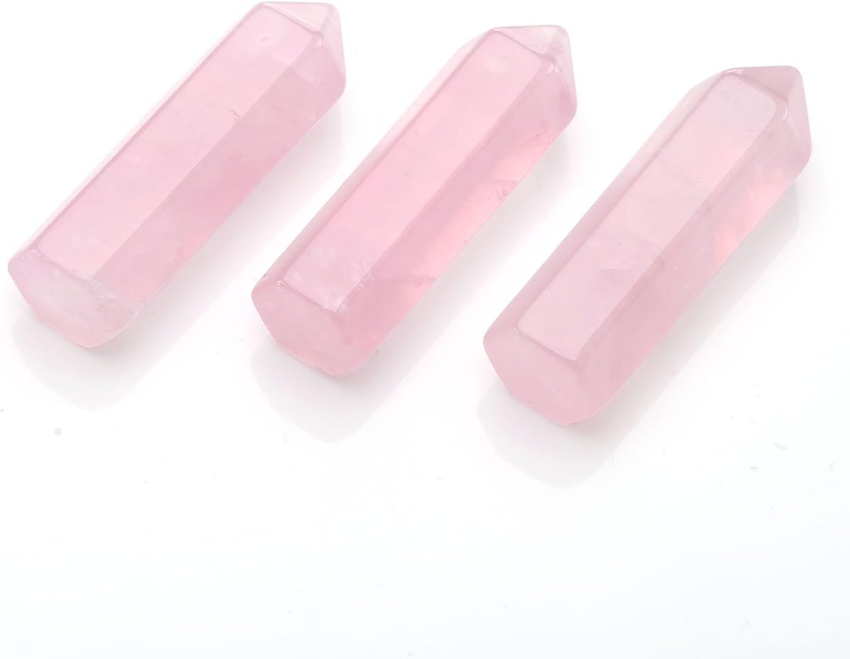 PESOENTH 3pcs 35mm Healing Crystal Quartz Points Wands Set Natural Rose Quartz Crystal Point 6 Faceted Prism Wand Carved Reiki Chakra Stone Figurine Meditation Therapy