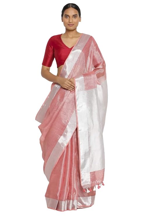 For Womens Bhagalpuri Tissue Linen Rose Pink Saree With Plain Zari Border Running Blouse Piece