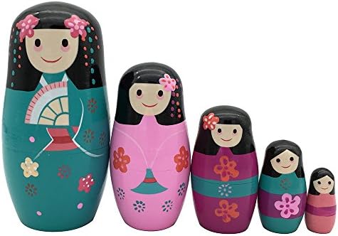 5 Pieces Set of Cute Traditional Japanese Girl in Kimono Handmade Wooden Russian Nesting Dolls Matryoshka Dolls for Kids Birthday Christmas Gift Idea for Daughter &amp; Son