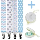 Pacifier Clip Holder For Boys + Pacifier Case by Bubble Pleasure - 4 Pieces Pack - Unisex Universal Designs Pacifiers Clips, Newborn Baby Gift Set, Best Cute Soothies Pacifier Holder For Girl Boy	