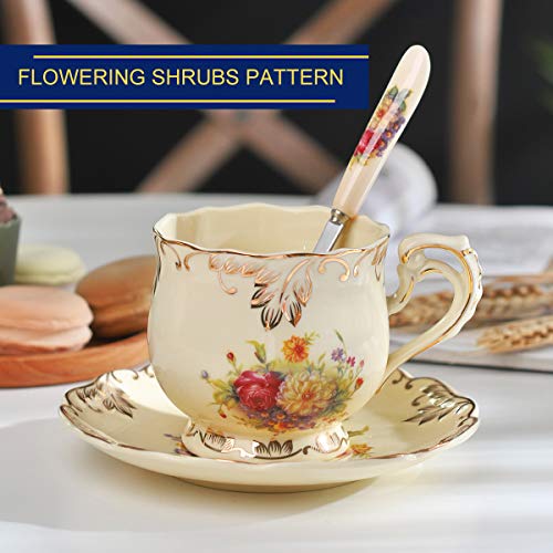 YOLIFE Flowering Shrubs Ivory Ceramic Tea Cup and Saucer Set,8oz Fancy Tea Cup Floral Tea Cup,The Best First Gift