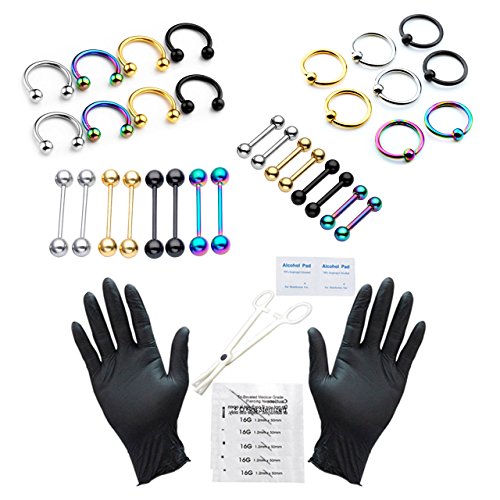 JOVIVI 42pcs 16G 1.2mm Pro Body Piercing Kit for Labret, Nipple, Nose, Eyebrow, Tongue, Ear Cartilage Tragus Piercing Jewelry - Included Needles, Gloves and Tools