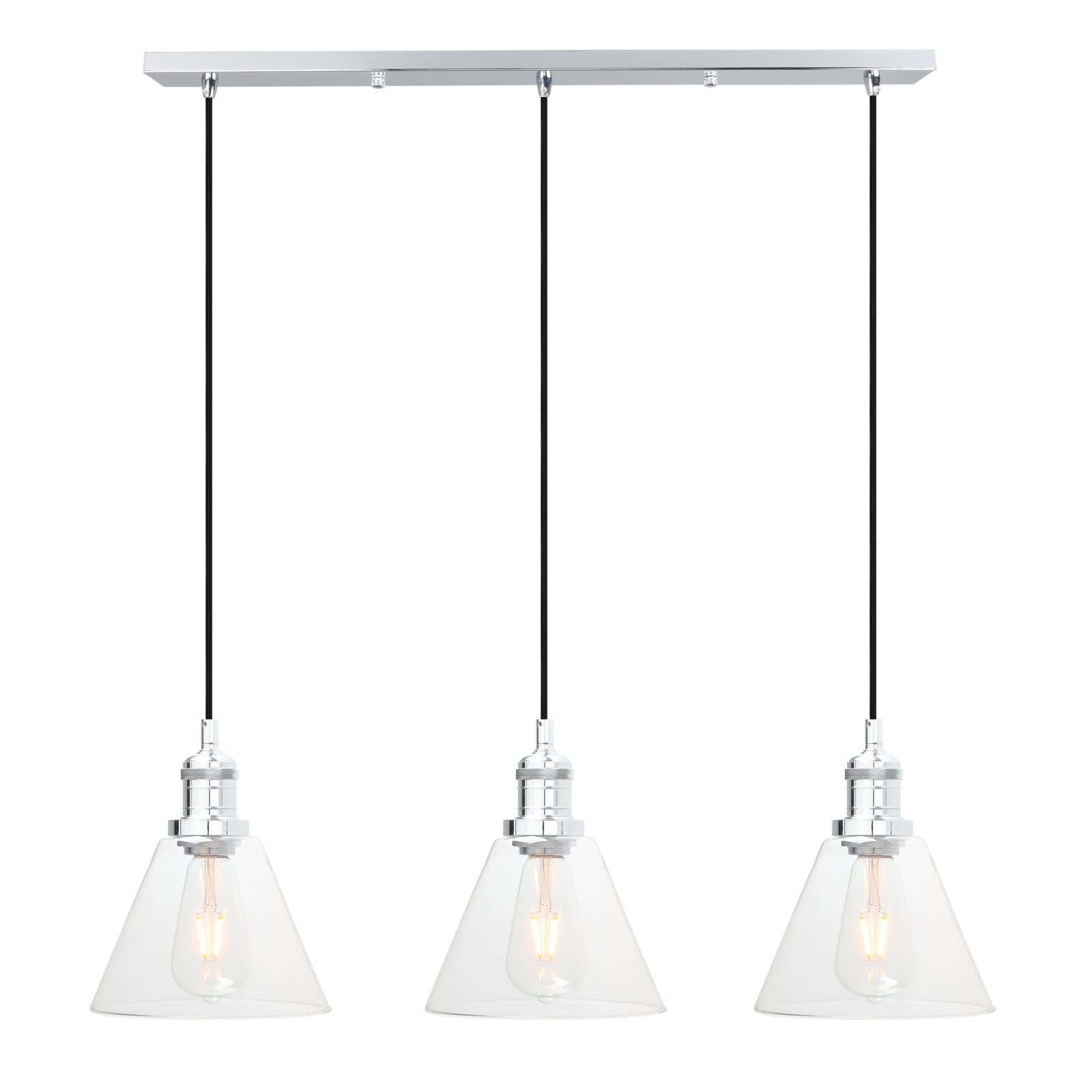 Phansthy Industrial Pendant Light with 2m Adjustable Hanging Cords, 3 Light Ceiling Hanging Lamps with Funnel Glass Shade, Chandelier Ceiling Light for Dining Room Kitchen (Chromed)