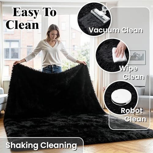 8x10 Area Rug for Living Room, Ultra Soft Fluffy Black Rugs for Bedroom, Non Slip Large Shag Carpet, Fuzzy Plush Nursery Rug, Thick Washable Indoor Floor Carpets for Kids Office Dorm Home Decor