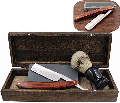 Vintage Cut Throat Straight Razor Solid Brown Wood Handle Bristle Shaving Brush Natural Whetstone and Wooden Box Set with Gift Bag