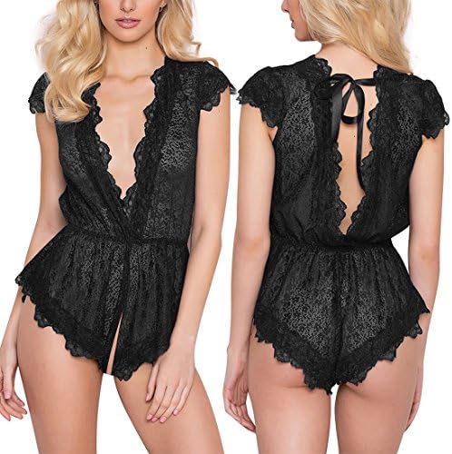 ALLovable Women Sexy Lingerie Lace Teedy Dream Eyelashes Deep V Open Crotch Nighewear(S, Black)