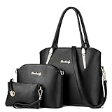 LINGTOM 3 pieces Lady Womens PU Leather Shoulder Bags Top Handle Cross Satchel Handbag Set,Black