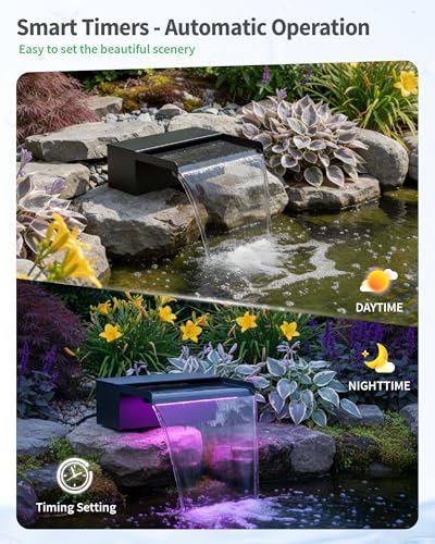 POPOSOAP 8" Pond Waterfall Spillway Filter Kit, 304 Stainless Steel Water Blade Weir with 7-Colour LED Lights & Remote, Quiet Pump, 9.84ft Hose for Garden Pond Water Feature