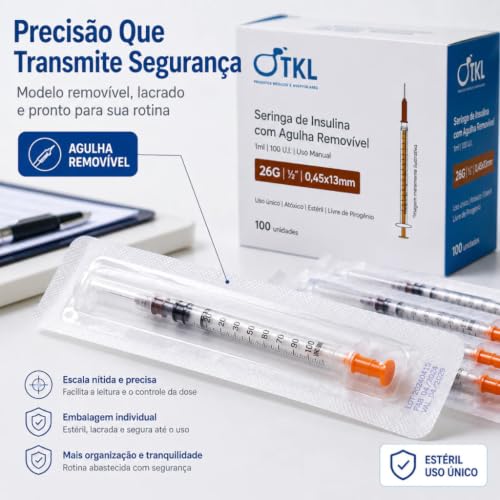 Seringa para Insulina 1ml com Agulha 13x0,45mm 26G, 100 Unidades