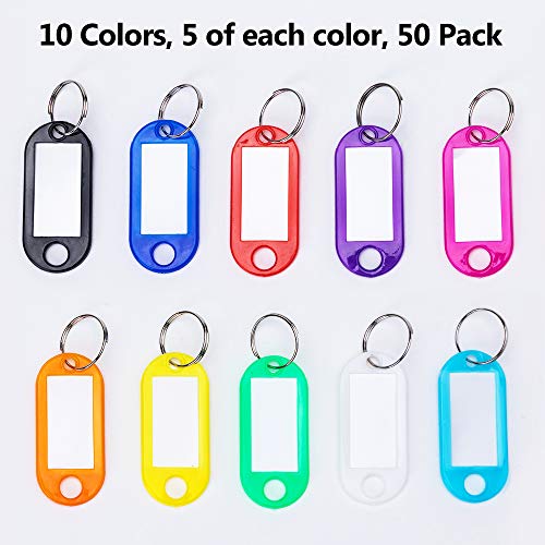 Aisoso 50 Pack Key Tags Plastic Key Labels with Ring and Label Window for Keychain Luggage Bag, 10 Colors