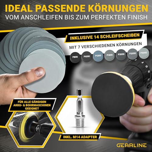 GEARLINE Headlight Treatment Set [24 Pieces] - Polishing Set for Matte and Blind Headlights - Includes UV Protection, Polishing Paste, Adapter and 14 Sanding Discs - Car Polishing Set for Preparation