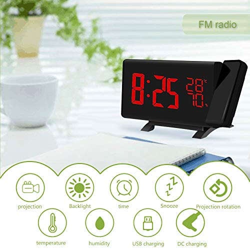 Alarm Clocks,(New Version) Projection Alarm Clock with FM Radio Multifunction LED Curved-Screen Projection FM Radio Digital Alarm Clock with Dual USB Port for Home Office Bedroom Living Room