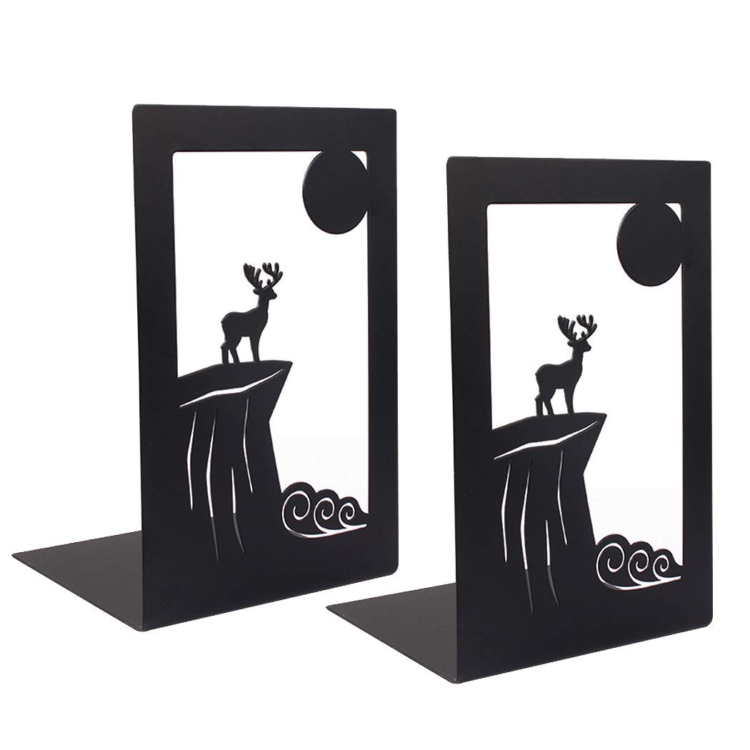 SIPLIV Minimalist Style Bookends Metal Adjustable Non Skid Books Holder Stand Book Rack Desk Bookends for School, Library, Home or Office - Elk (Black, 1 Pair)