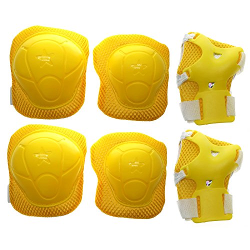 Cooplay 6pcs Small Size Yellow Color Elbow Wrist Protective Gear Knee Pads Protective Gear Guard Adjustable for Kids Skateboard Bicycle Ice Skate Roller Skating Cycling Mini Riding Outdoor Sports