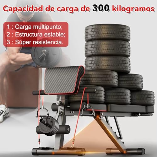 SAFONUS Banco de Ejercicio Multifuncional Ajustable con Almohada de Cabeza Regulable - Incluye Banda de Resistencia y Almohadilla de Soporte para Mancuernas,Banco Pesas Plegable Multiposiciones para Entrenamiento en Casa