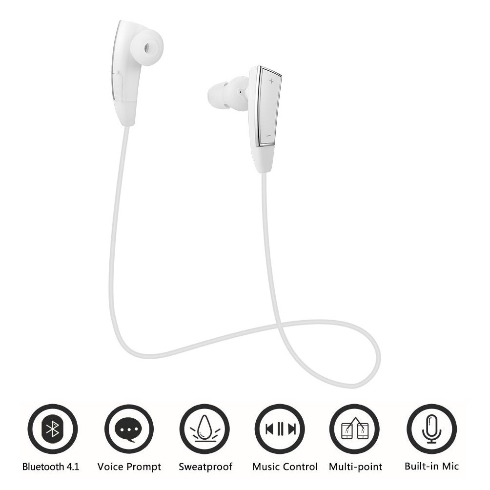 SCS ETC Magnetic Wireless Earphones Slim and Splashproof Bluetooth 4.1 Headphone for Running Jogging Biking (White)
