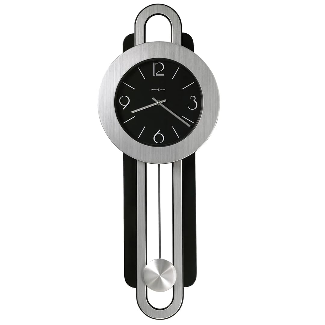 Howard Miller Gwyneth Wall Clock 625-340 – Modern, Two-Toned Brushed Nickel & Satin Black Finishes, Spun Silver Finished Pendulum Bob, Quartz Movement