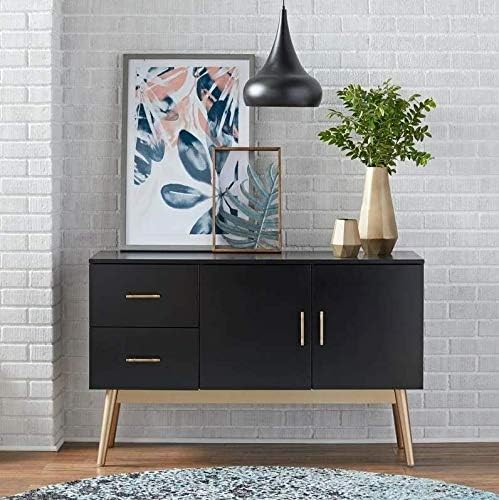 ModHaus Living Modern Transitional Glossy Black Top Sideboard Buffet with 2 Drawers 2 Door Cabinet and Gold Tone Angled Legs - Includes Pen