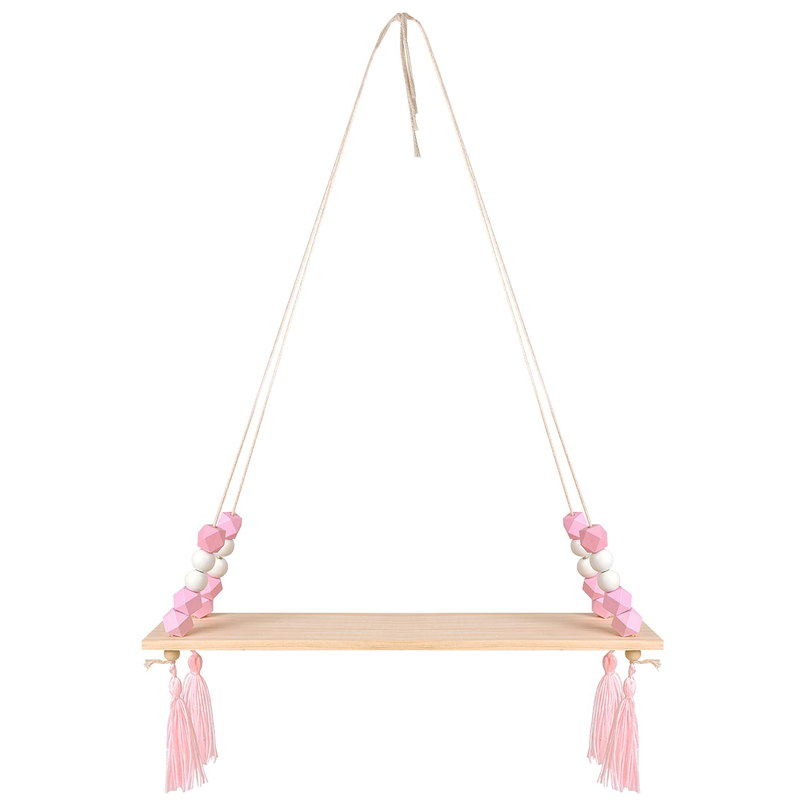 AvoDovA Wooden Floating Shelves for Wall, Hanging Floating Shelves, Hanging Plant Shelf, Wood Wall Decor Swing Rope Floating Shelf with Hooks for Bedrooms Living Room, Pink,0.8D x 40.5W x 10H cm