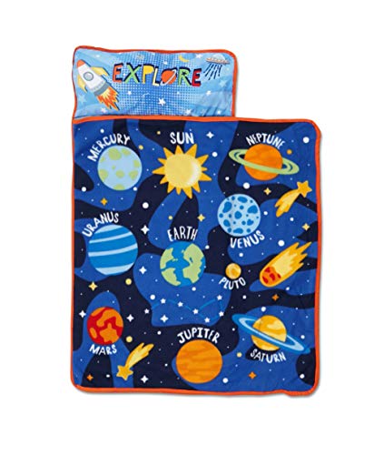 Funhouse Explore Planets & Outer Space - Kids Nap Mat Set - Includes Pillow and Fleece Blanket - Great for Kids Sleeping at Daycare, Preschool, or Kindergarten - Fits Napping Toddlers or Children