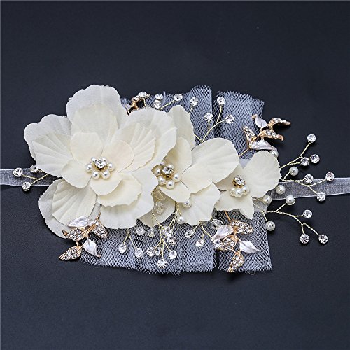 Bridal Headpiece, FANGZHIDI Wedding Hair Accessories, Floral Leaf Vine Pearl Rhinestone Jewelry Crown with 2 Ribbons, Best Gift for Girl-friend Women, Suit for Performance,Party, Photograph (Gold) - Thumbnail 3