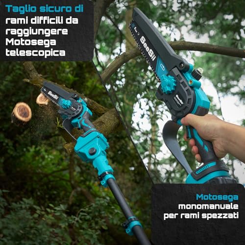 SEESII PS810 8 Inch Cordless Telescopic Chainsaw & Mini Chainsaw, 2-in-1 Electric Pruning with Rod, Reaches up to 16 Ft Mini Brushless Saw for Garden Cutting