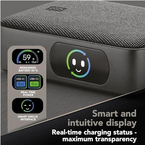 Powerbank PowerView IQ 10.000 mAh mit TFT-Display, USB-C 45 W Ausgang, USB-A 18 W Ausgang, gleichzeitiges Laden von 2 Geräten, kompaktes Design, Stoff-Finish