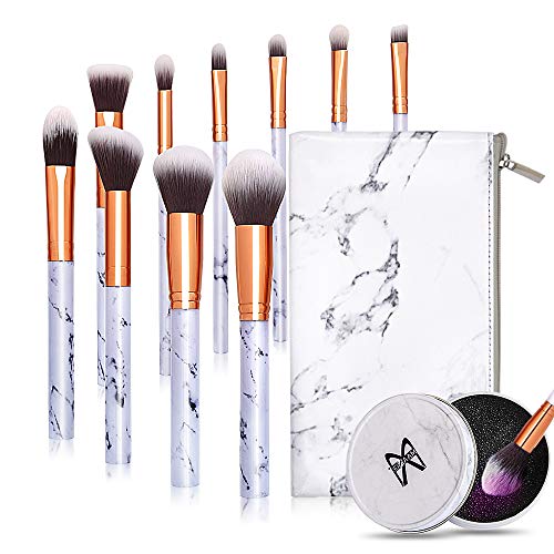Makeup Brushes 10 Pieces Marble Makeup Brush Set with Makeup Brush Bag and Brushes Color Removal Sponge Professional Face Eyeliner Blush Contour Foundation Cosmetic Brushes for Powder Liquid Cream