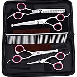 iSeaFly Dog Grooming Kit with Round Tip, Set of 5 Cat Dog Grooming Scissors, Stainless Steel Pet Grooming Shears for Full Body, Face, Nose, Ear and Paw (Pink)