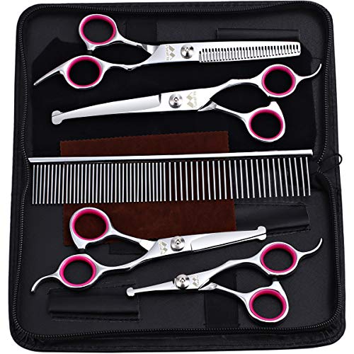 iSeaFly Dog Grooming Kit with Round Tip, Set of 5 Cat Dog Grooming Scissors, Stainless Steel Pet Grooming Shears for Full Body, Face, Nose, Ear and Paw (Pink)