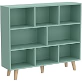 IOTXY Wooden Open Shelf Bookcase - 3-Tier Floor Standing Display Cabinet Rack with Legs, 8 Cubes Bookshelf, Tiffany-Green | Display Cabinet, Rack, with Legs, Bookshelf