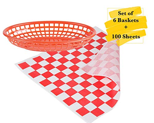 MM Foodservice Combo Fast Food Baskets and Grease Resistant Deli Paper. Set of 6 Oval Plastic Fast Food Baskets + Set of 100 Sheets 12”x12” Deli Paper (Red) - Thumbnail 2