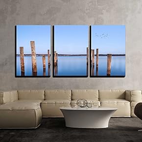 3 Piece Canvas Wall Art - Mooring Posts Leading in Turquoise Blue sea Aland Island Finland - Modern Home Art Stretched and Framed Ready to Hang - 16"x24"x3 Panels