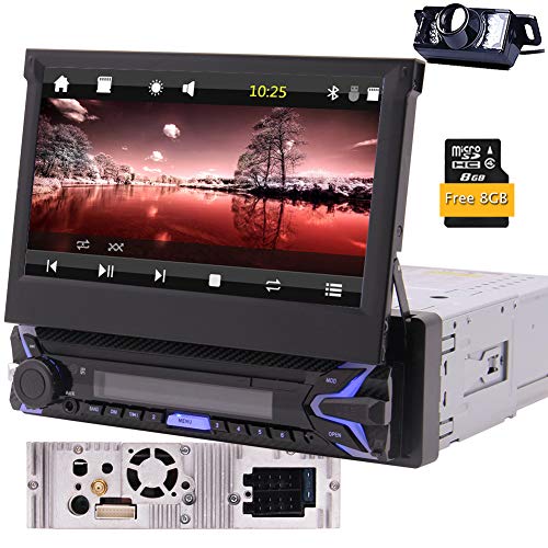 Single DIN in Dash Car Stereo Head Unit with 7inch Retractable Touch Screen Audio Video Receiver System with GPS Navigation,Bluetooth,Microphone,AM/FM,USB,SD with Rear View Camera