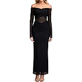 KUTUMAI Women Sheer Long Sleeve Off Shoulder Formal Cocktail Wedding Guest Dresses Fall Mesh Ruched Bodycon Maxi Dress