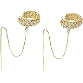 Cubic Zirconia Tassel Ear Cuff Earrings,Glittering Plated Gold Rhinestone Chain Fringe Clip On,Aesthetic Crystal Statement Earrings for Women