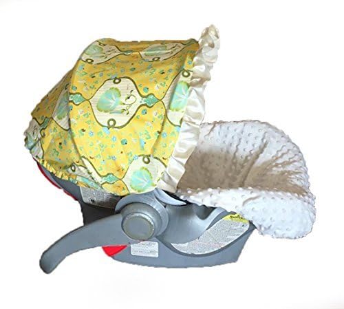 Baby Carseat Cover, Canopy in yellow Sunshine. Seat in ivory minky. FREE strap covers included