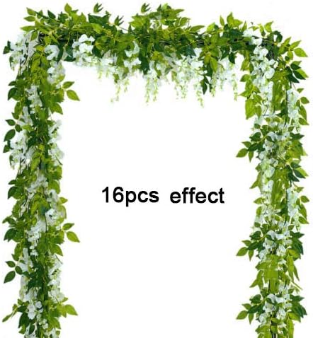Funsmore 4Pcs Artificial Flowers Wisteria Garland, Faux Silk Wisteria Vine Rattan Hanging for Home Garden Ceremony Wedding Arch Floral Decor 6.6 Feet