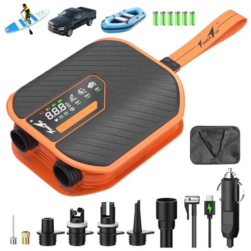 TowerTop Sup Pumpe Akku: 10500mAh Akku Pumpe für Auto/SUP, 50 PSI Stand Up Paddle Pumpe, 12V DC Zweistufenpumpe (Auf- und Ablassen) mit 8 Düsen für Paddleboards, aufblasbare Artikel, Kajaks und Autos