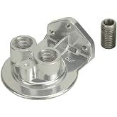Derale Oil Filter Mount, Ports Up, 1/2 in NPT Female Ports, 3/4-16 in Center Thread, Aluminum, Polished, Universal, Each
