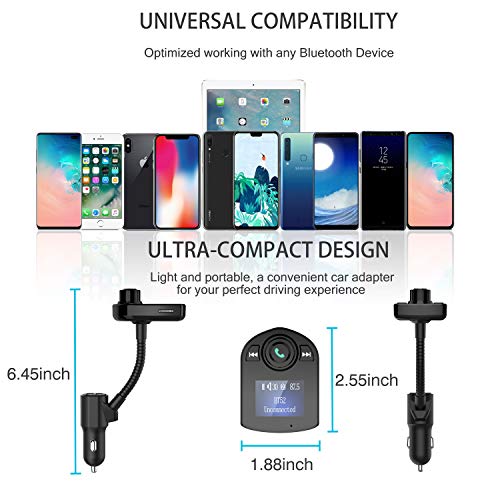 Bluetooth FM Transmitter for Car, Wireless FM Radio Transmitter Adapter Car Kit Dual USB Charging Port Car Charger with Hands Free Calls and 1.44" LCD Display Support Aux Input/Output TF Card USB Disk - Thumbnail 6
