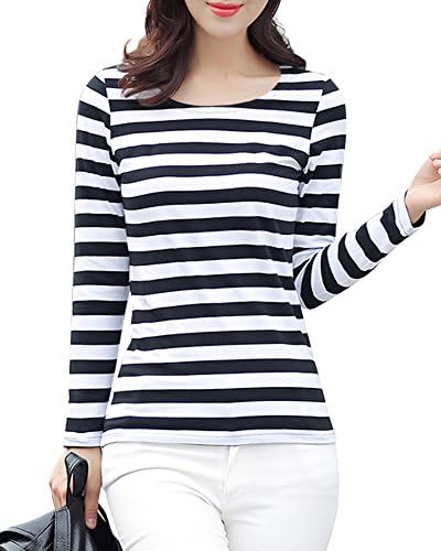 Gootuch Women Fashion Black and White Striped Shirt Tops Long Sleeve Leisure Rayon Casual Slim Fit Shirt 