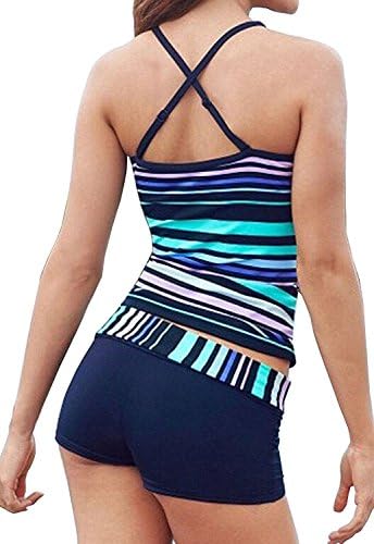 nb1221FJ1 Popular Plus-Size Stripes Printed With Boxer Tankini Swimwear Set Blue Stripe PrintMedium