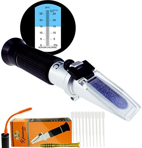 Kibeland Handheld Salinity Refractometer with ATC, Scale 0~28%, Sodium Chloride, with EXTRA Mini USB Light, Salty Food Measurement