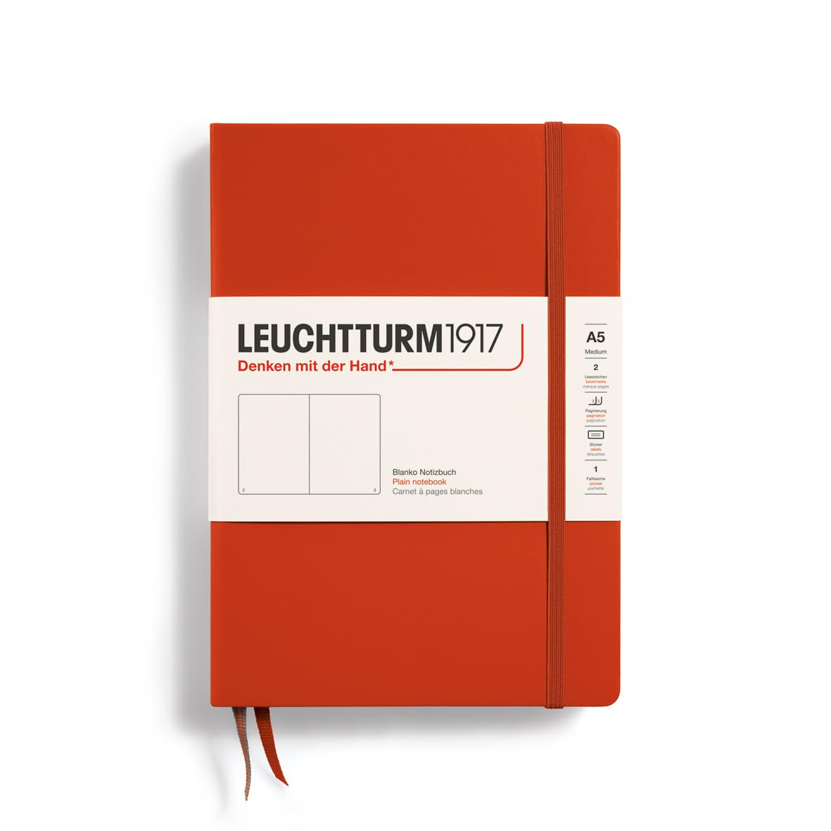 LEUCHTTURM1917 367250 Notebook Medium (A5), Hardcover, 251 Numbered Pages, Fox Red, Plain